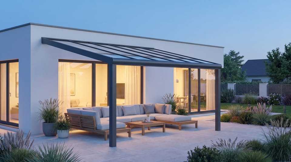 Terrassendach an einem modernen Haus zur blauen Stunde
